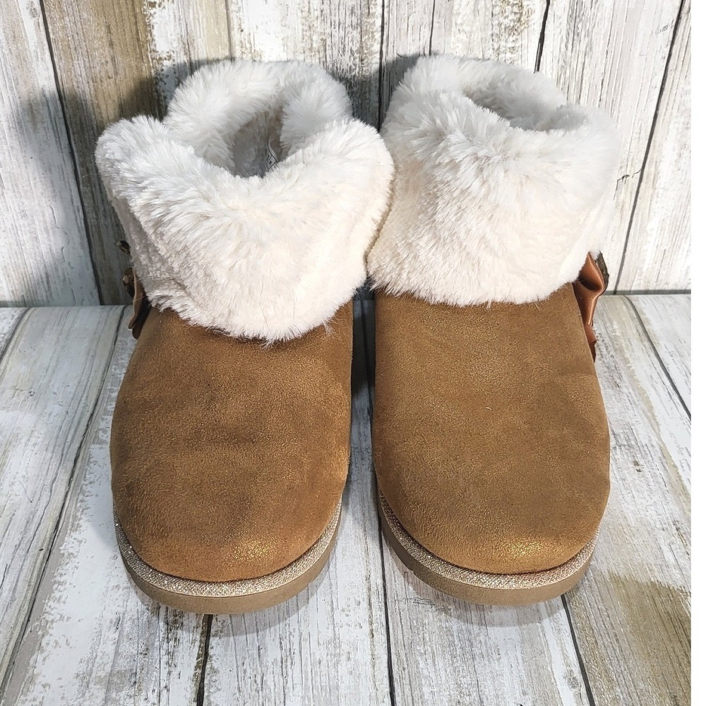 Juicy Couture Women Gold Glitter Faux Fur Trim Bootie Slippers Cozy Warm